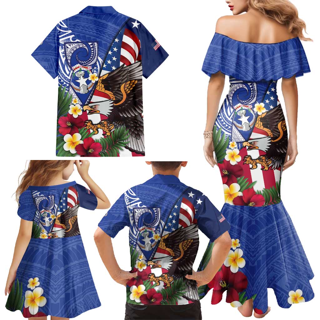 United States and Northern Mariana Islands Family Matching Mermaid Dress and Hawaiian Shirt USA Flag Eagle CNMI Latte Stone Tropical Flowers