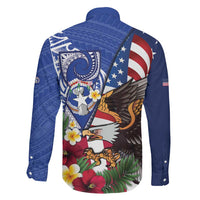United States and Northern Mariana Islands Family Matching Off The Shoulder Long Sleeve Dress and Hawaiian Shirt USA Flag Eagle CNMI Latte Stone Tropical Flowers