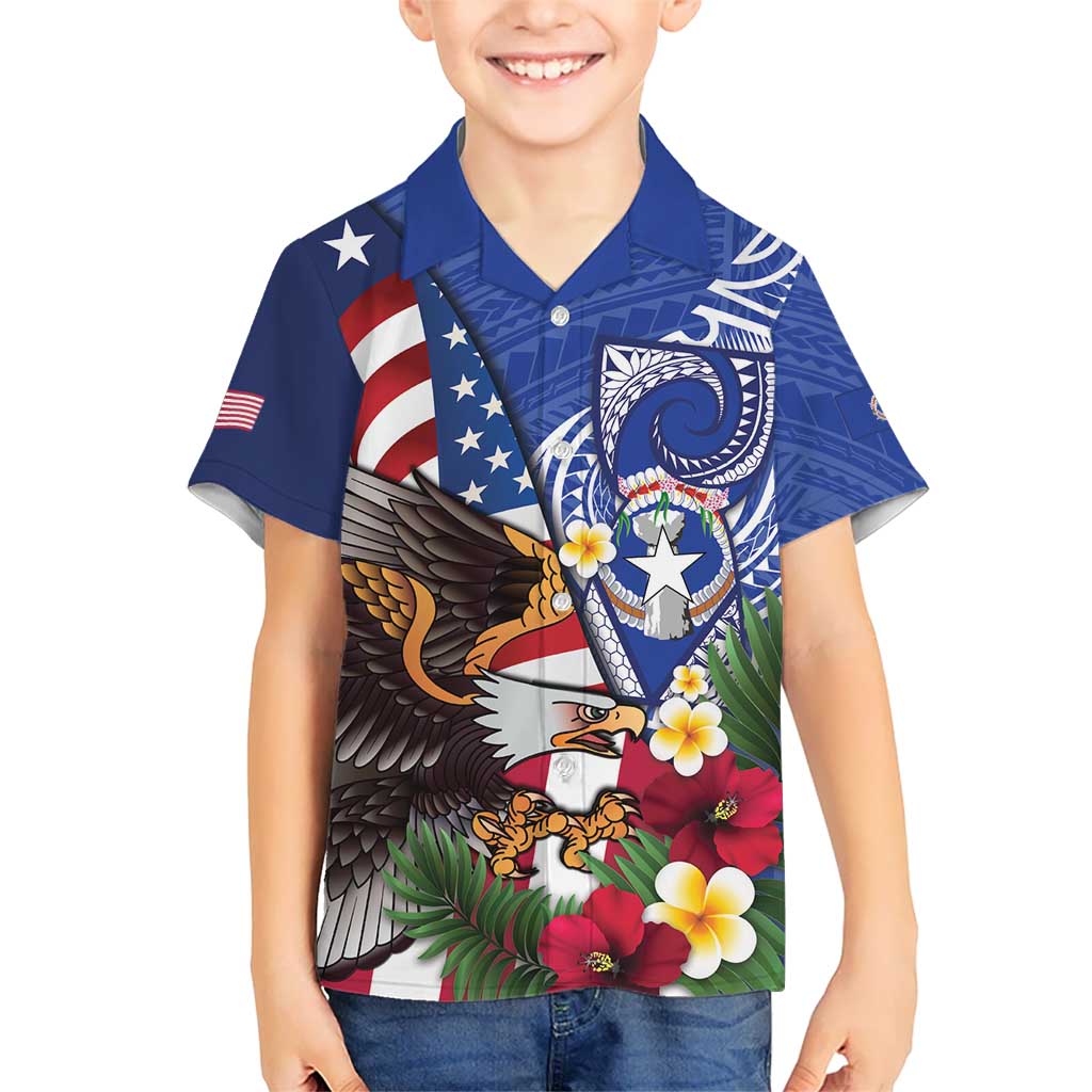 United States and Northern Mariana Islands Family Matching Off The Shoulder Long Sleeve Dress and Hawaiian Shirt USA Flag Eagle CNMI Latte Stone Tropical Flowers