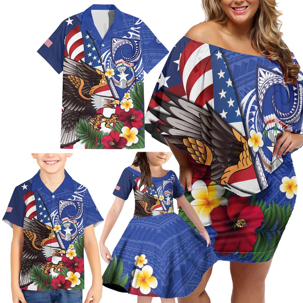 United States and Northern Mariana Islands Family Matching Off Shoulder Short Dress and Hawaiian Shirt USA Flag Eagle CNMI Latte Stone Tropical Flowers LT14 - Polynesian Pride