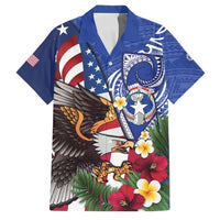 United States and Northern Mariana Islands Family Matching Off Shoulder Short Dress and Hawaiian Shirt USA Flag Eagle CNMI Latte Stone Tropical Flowers