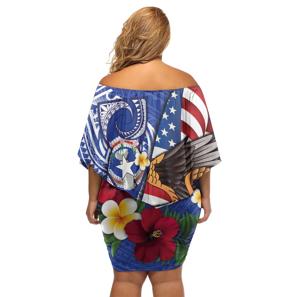 United States and Northern Mariana Islands Family Matching Off Shoulder Short Dress and Hawaiian Shirt USA Flag Eagle CNMI Latte Stone Tropical Flowers
