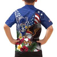 United States and Northern Mariana Islands Family Matching Puletasi and Hawaiian Shirt USA Flag Eagle CNMI Latte Stone Tropical Flowers