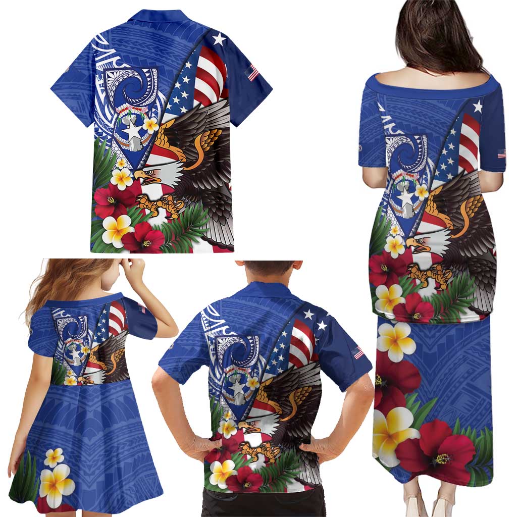 United States and Northern Mariana Islands Family Matching Puletasi and Hawaiian Shirt USA Flag Eagle CNMI Latte Stone Tropical Flowers