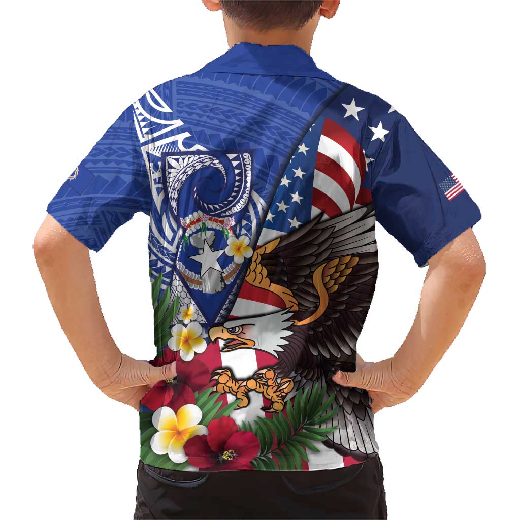 United States and Northern Mariana Islands Family Matching Summer Maxi Dress and Hawaiian Shirt USA Flag Eagle CNMI Latte Stone Tropical Flowers