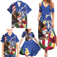 United States and Northern Mariana Islands Family Matching Summer Maxi Dress and Hawaiian Shirt USA Flag Eagle CNMI Latte Stone Tropical Flowers