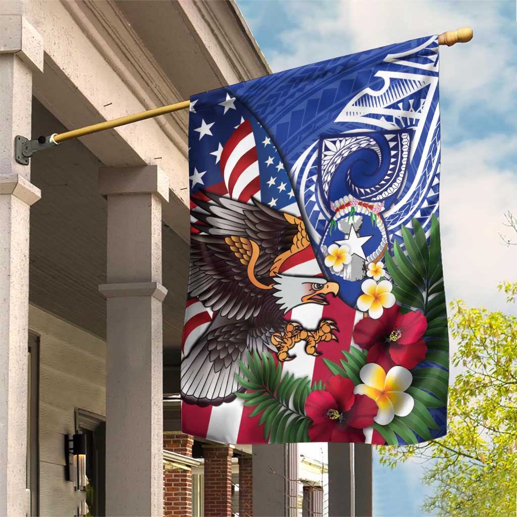 United States and Northern Mariana Islands Garden Flag USA Flag Eagle CNMI Latte Stone Tropical Flowers LT14 House Flag Blue - Polynesian Pride