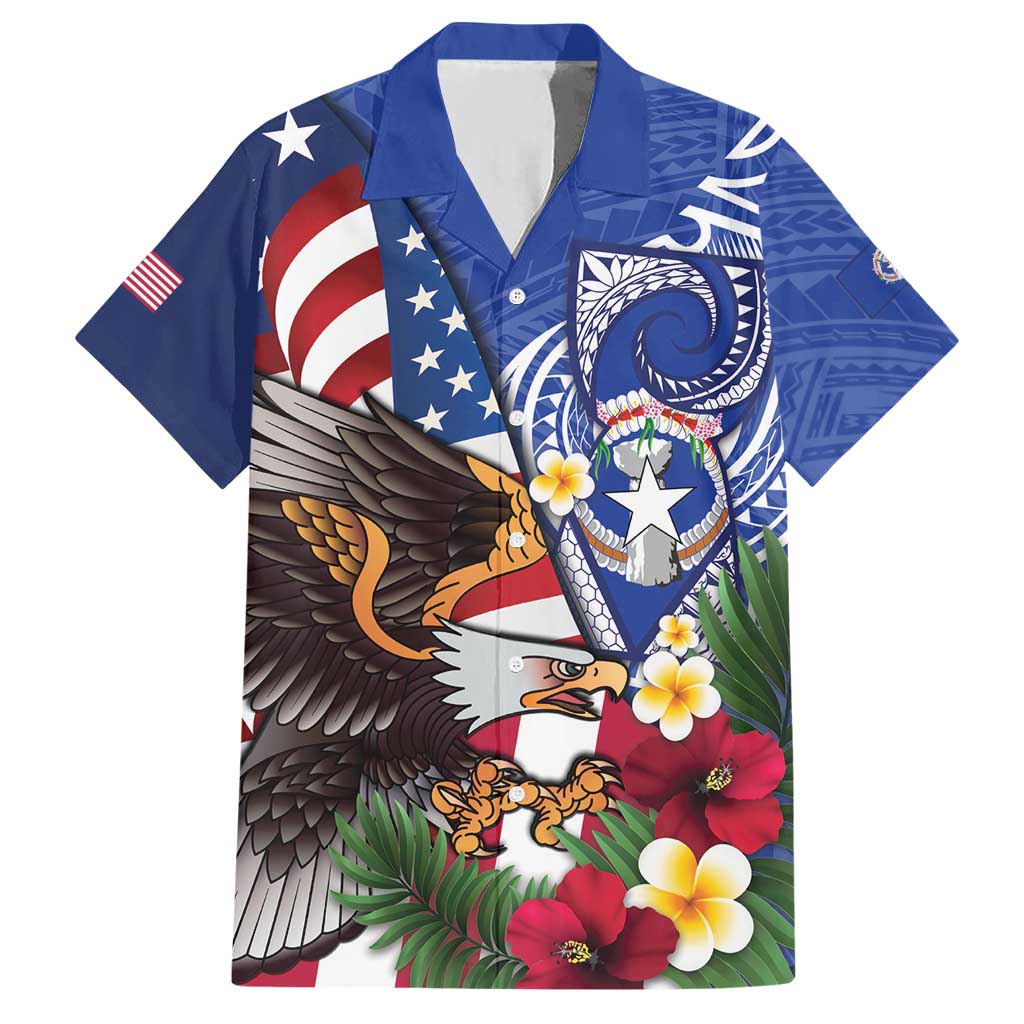 United States and Northern Mariana Islands Hawaiian Shirt USA Flag Eagle CNMI Latte Stone Tropical Flowers LT14 Blue - Polynesian Pride