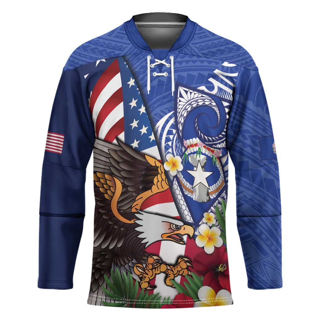 United States and Northern Mariana Islands Hockey Jersey USA Flag Eagle CNMI Latte Stone Tropical Flowers
