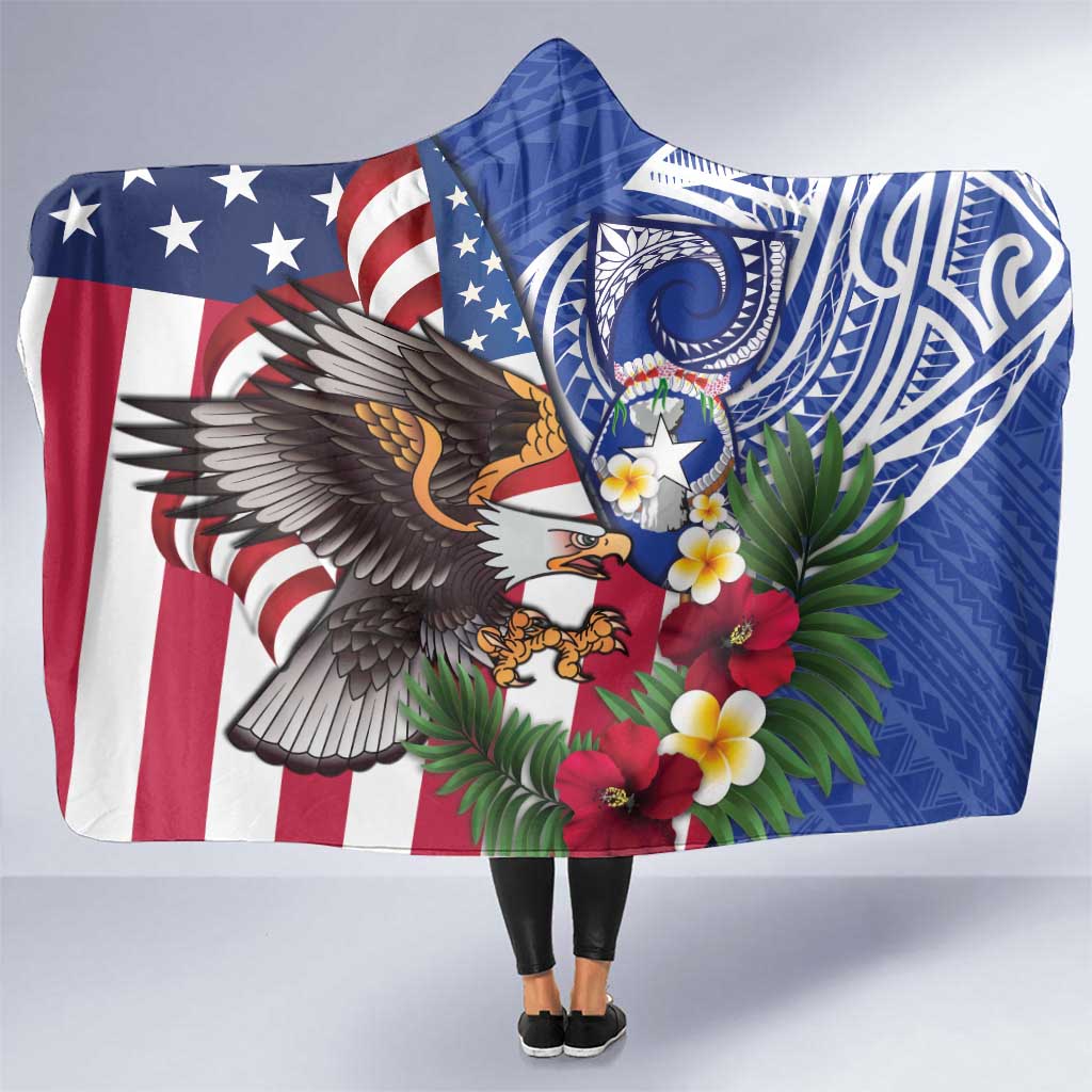 United States and Northern Mariana Islands Hooded Blanket USA Flag Eagle CNMI Latte Stone Tropical Flowers LT14 One Size Blue - Polynesian Pride