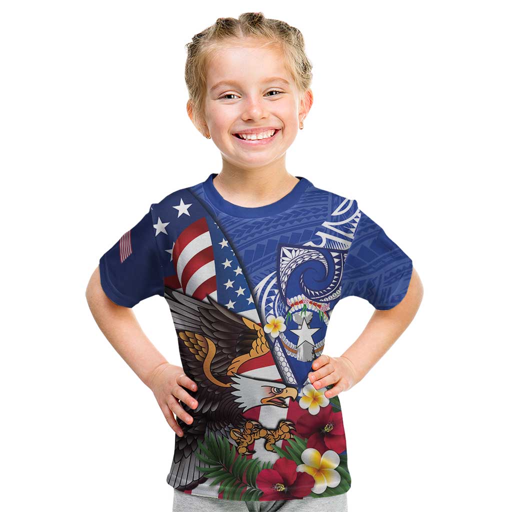 United States and Northern Mariana Islands Kid T Shirt USA Flag Eagle CNMI Latte Stone Tropical Flowers LT14 Blue - Polynesian Pride