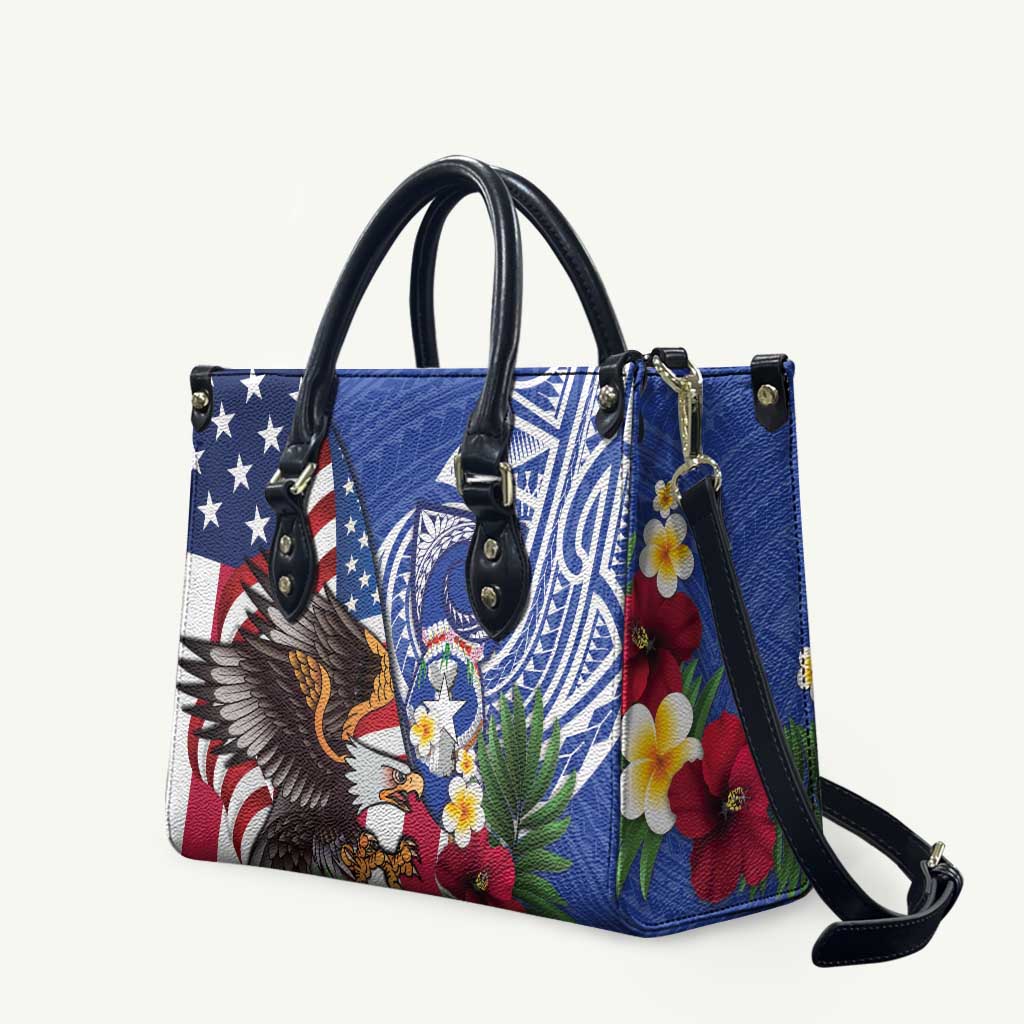 United States and Northern Mariana Islands Leather Bag USA Flag Eagle CNMI Latte Stone Tropical Flowers LT14 Blue - Polynesian Pride