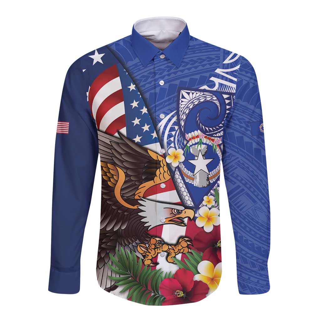 United States and Northern Mariana Islands Long Sleeve Button Shirt USA Flag Eagle CNMI Latte Stone Tropical Flowers LT14 Unisex Blue - Polynesian Pride