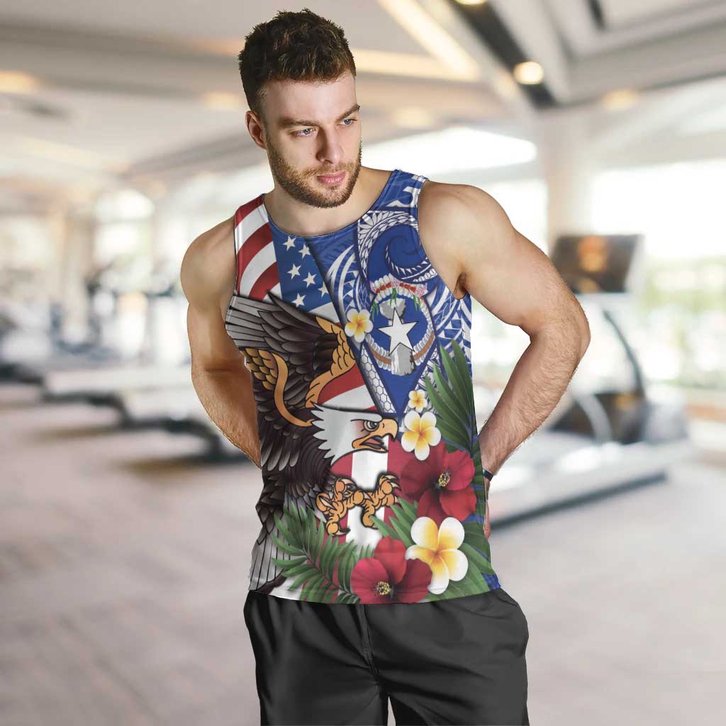 United States and Northern Mariana Islands Men Tank Top USA Flag Eagle CNMI Latte Stone Tropical Flowers LT14 Blue - Polynesian Pride