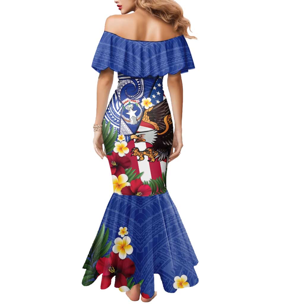 United States and Northern Mariana Islands Mermaid Dress USA Flag Eagle CNMI Latte Stone Tropical Flowers
