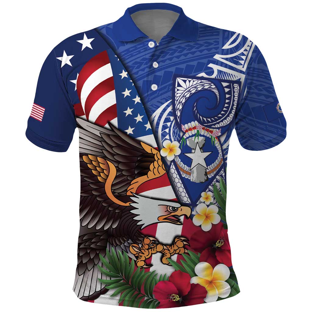 United States and Northern Mariana Islands Polo Shirt USA Flag Eagle CNMI Latte Stone Tropical Flowers LT14 Blue - Polynesian Pride