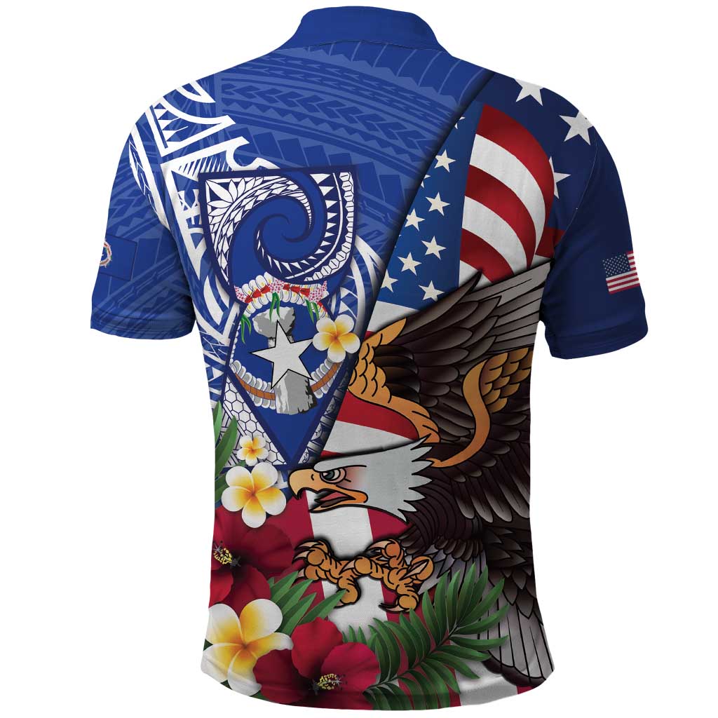 United States and Northern Mariana Islands Polo Shirt USA Flag Eagle CNMI Latte Stone Tropical Flowers