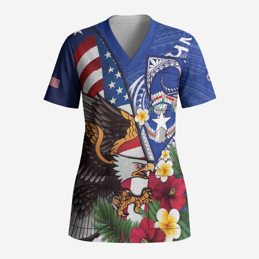 United States and Northern Mariana Islands Scrub Top USA Flag Eagle CNMI Latte Stone Tropical Flowers LT14 Adult Blue - Polynesian Pride