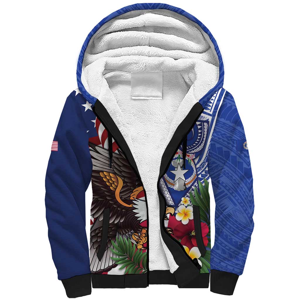 United States and Northern Mariana Islands Sherpa Hoodie USA Flag Eagle CNMI Latte Stone Tropical Flowers LT14 Unisex Blue - Polynesian Pride