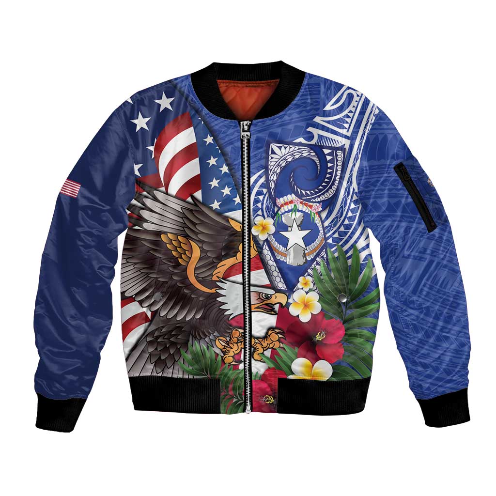 United States and Northern Mariana Islands Sleeve Zip Bomber Jacket USA Flag Eagle CNMI Latte Stone Tropical Flowers LT14 Unisex Blue - Polynesian Pride
