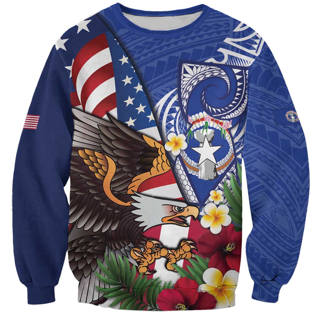 United States and Northern Mariana Islands Sweatshirt USA Flag Eagle CNMI Latte Stone Tropical Flowers LT14 Unisex Blue - Polynesian Pride