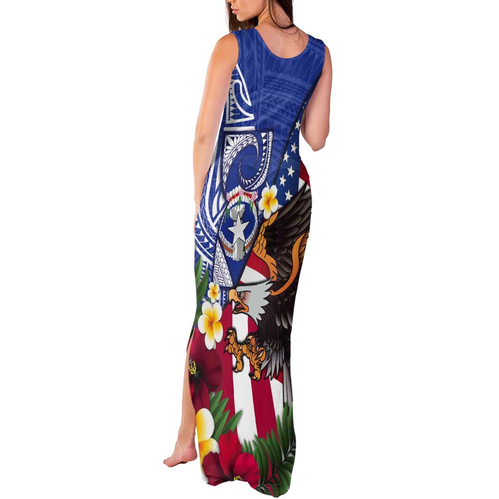 United States and Northern Mariana Islands Tank Maxi Dress USA Flag Eagle CNMI Latte Stone Tropical Flowers