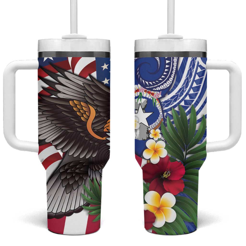 United States and Northern Mariana Islands Tumbler With Handle USA Flag Eagle CNMI Latte Stone Tropical Flowers LT14 One Size: 40 oz Blue - Polynesian Pride
