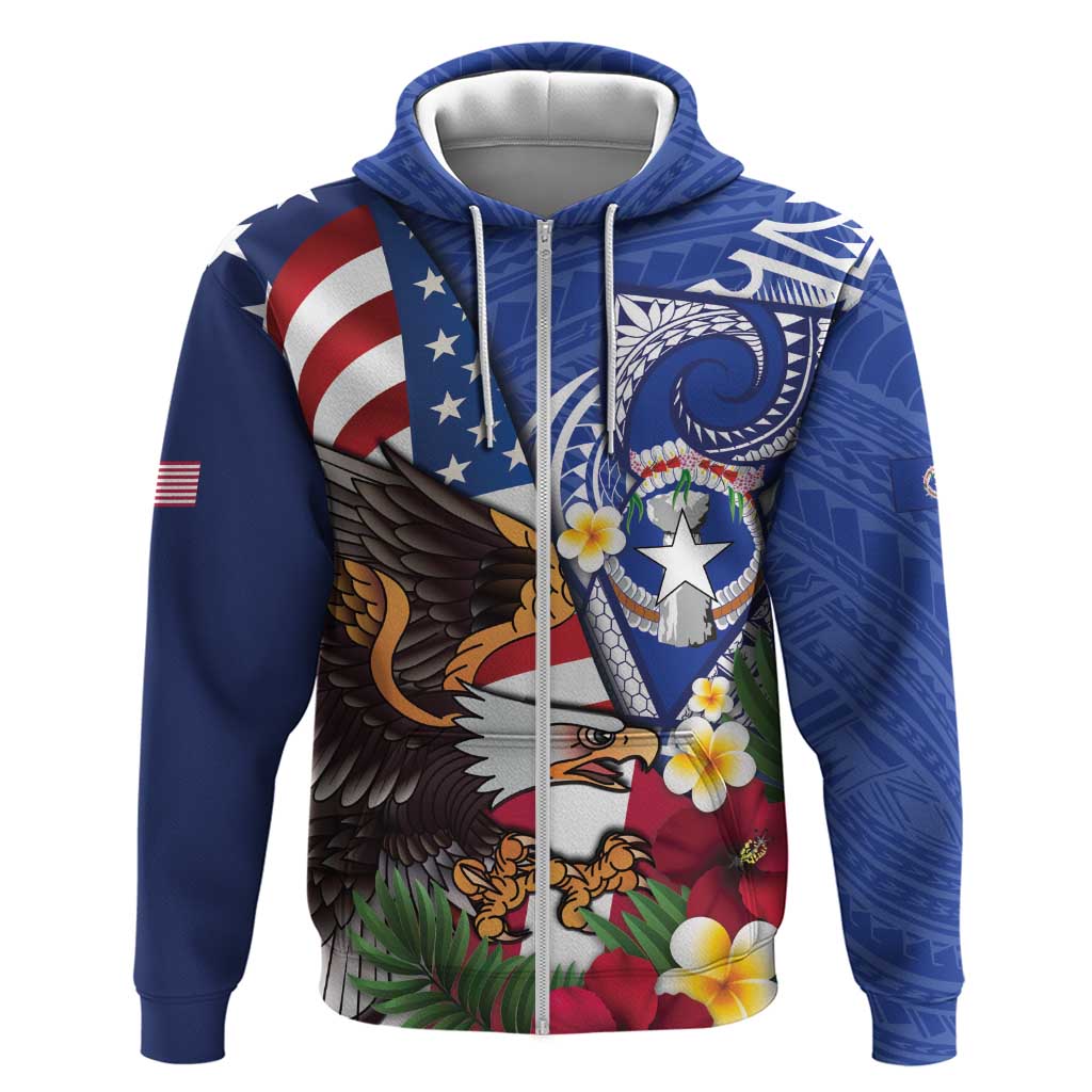 United States and Northern Mariana Islands Zip Hoodie USA Flag Eagle CNMI Latte Stone Tropical Flowers LT14 Zip Hoodie Blue - Polynesian Pride