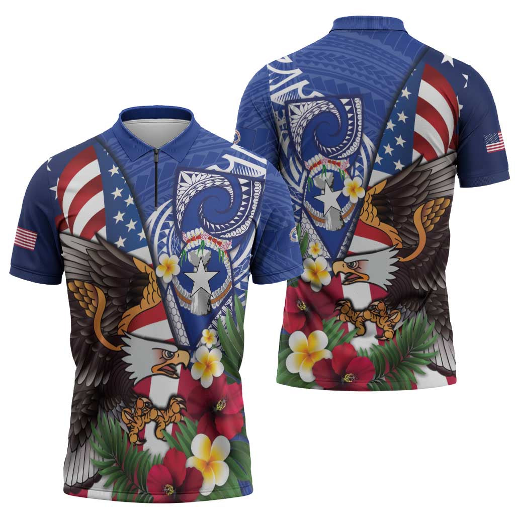United States and Northern Mariana Islands Zipper Polo Shirt USA Flag Eagle CNMI Latte Stone Tropical Flowers
