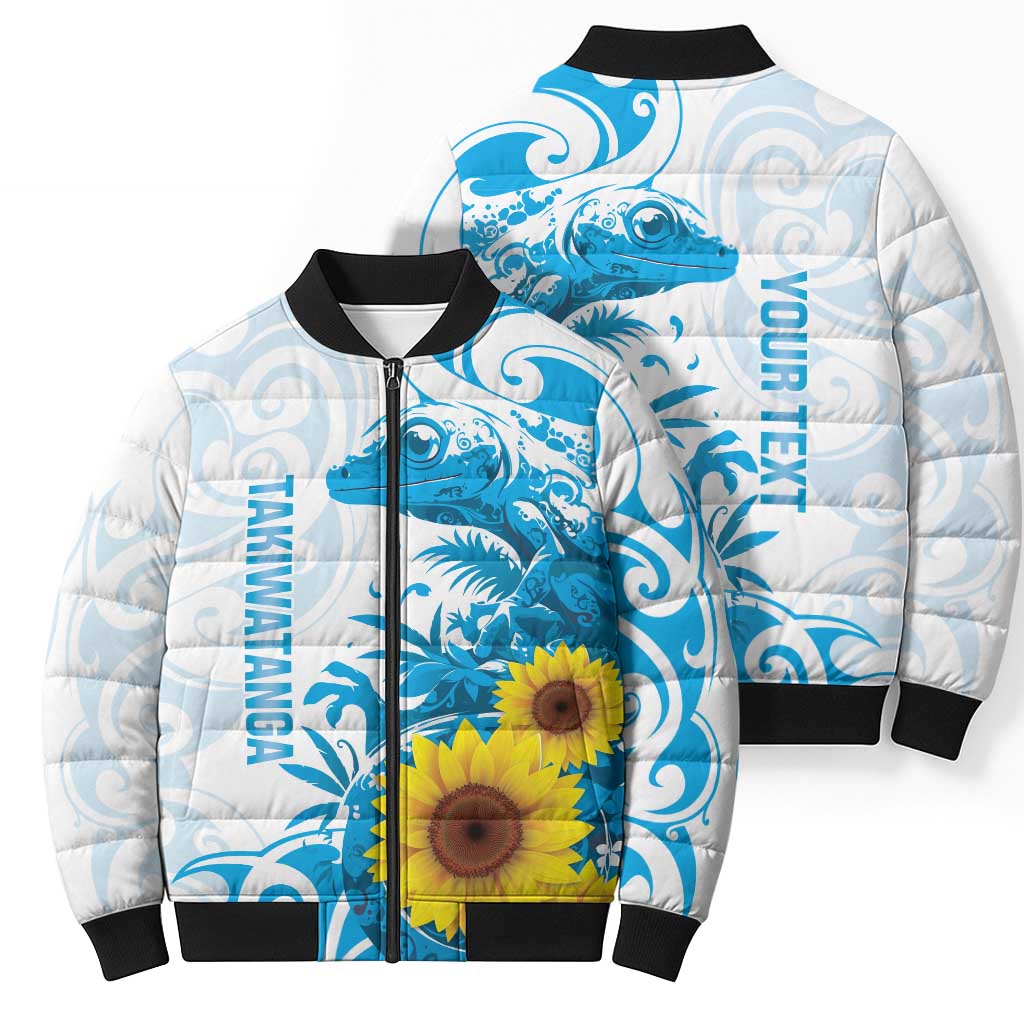 New Zealand Autism Awareness Month Bomber Puffer Jacket Takiwatanga Maori Lizard With Sunflower - Polynesian Pride