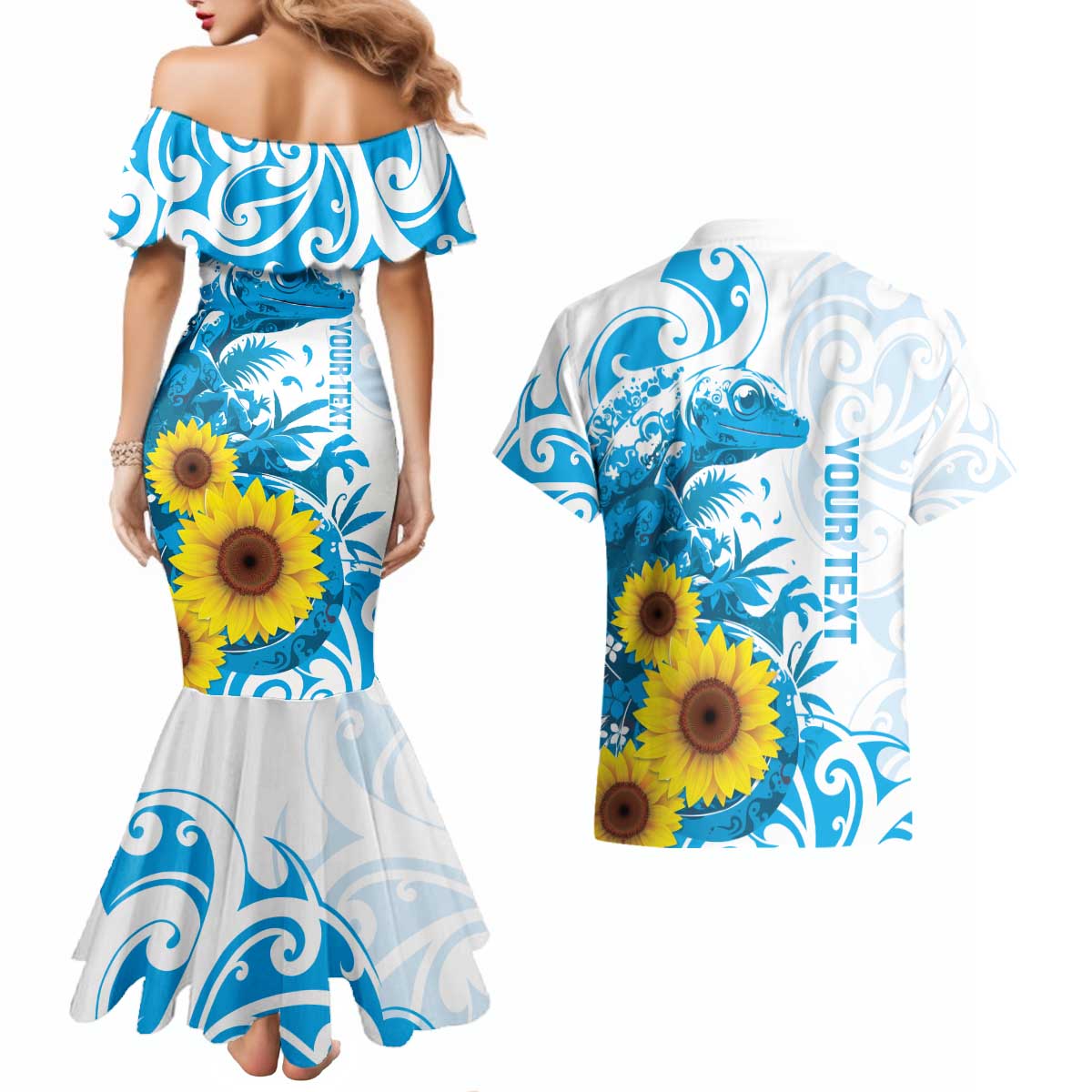 New Zealand Autism Awareness Month Couples Matching Mermaid Dress and Hawaiian Shirt Takiwatanga Maori Lizard With Sunflower