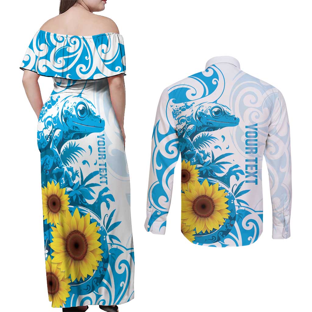 New Zealand Autism Awareness Month Couples Matching Off Shoulder Maxi Dress and Long Sleeve Button Shirt Takiwatanga Maori Lizard With Sunflower