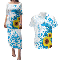 New Zealand Autism Awareness Month Couples Matching Puletasi and Hawaiian Shirt Takiwatanga Maori Lizard With Sunflower