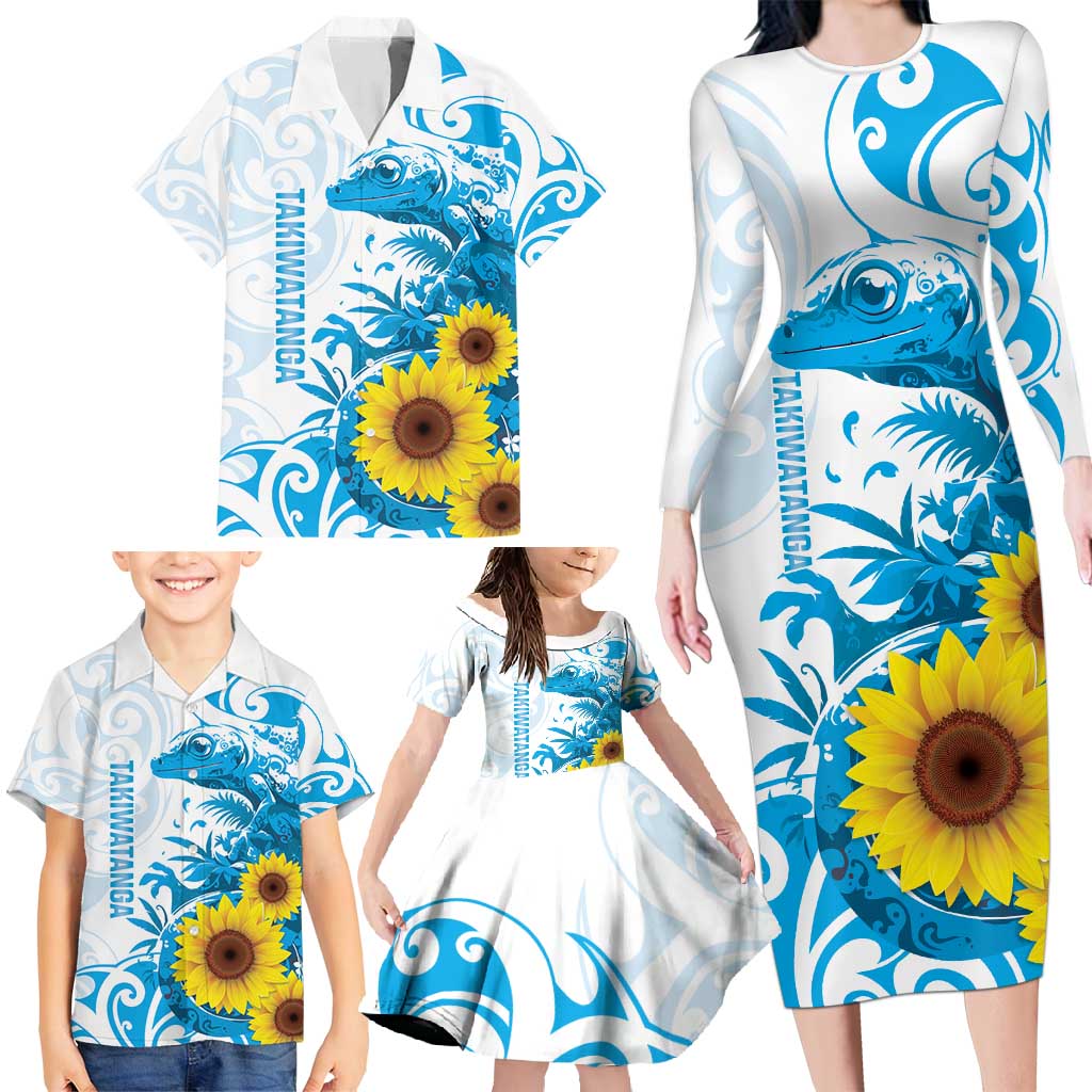 New Zealand Autism Awareness Month Family Matching Long Sleeve Bodycon Dress and Hawaiian Shirt Takiwatanga Maori Lizard With Sunflower