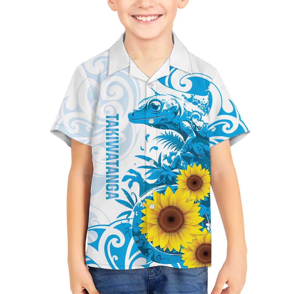 New Zealand Autism Awareness Month Family Matching Off Shoulder Maxi Dress and Hawaiian Shirt Takiwatanga Maori Lizard With Sunflower