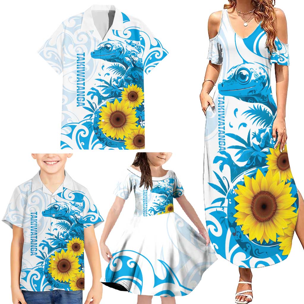 New Zealand Autism Awareness Month Family Matching Summer Maxi Dress and Hawaiian Shirt Takiwatanga Maori Lizard With Sunflower