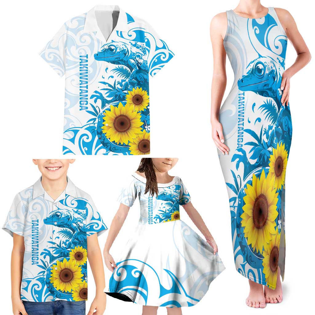 New Zealand Autism Awareness Month Family Matching Tank Maxi Dress and Hawaiian Shirt Takiwatanga Maori Lizard With Sunflower