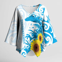 New Zealand Autism Awareness Month Kimono Sleeve Blouse Takiwatanga Maori Lizard With Sunflower - Polynesian Pride