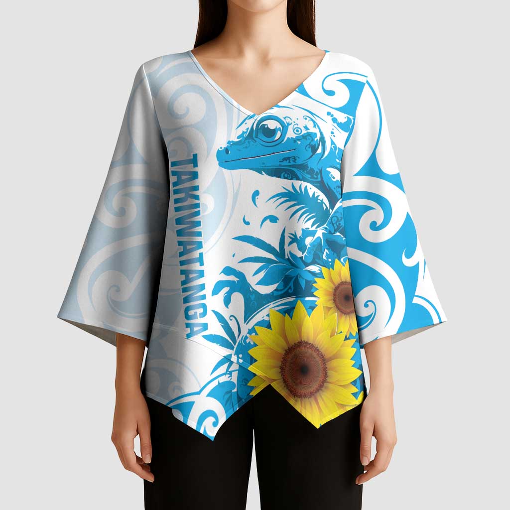 New Zealand Autism Awareness Month Kimono Sleeve Blouse Takiwatanga Maori Lizard With Sunflower - Polynesian Pride