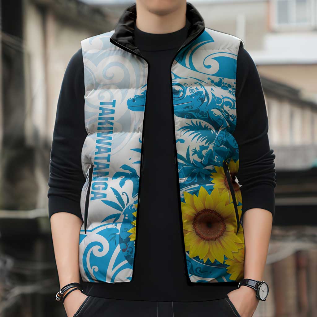 New Zealand Autism Awareness Month Sleeveless Puffer Jacket Takiwatanga Maori Lizard With Sunflower - Polynesian Pride