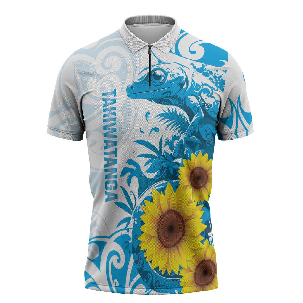 New Zealand Autism Awareness Month Zipper Polo Shirt Takiwatanga Maori Lizard With Sunflower - Polynesian Pride