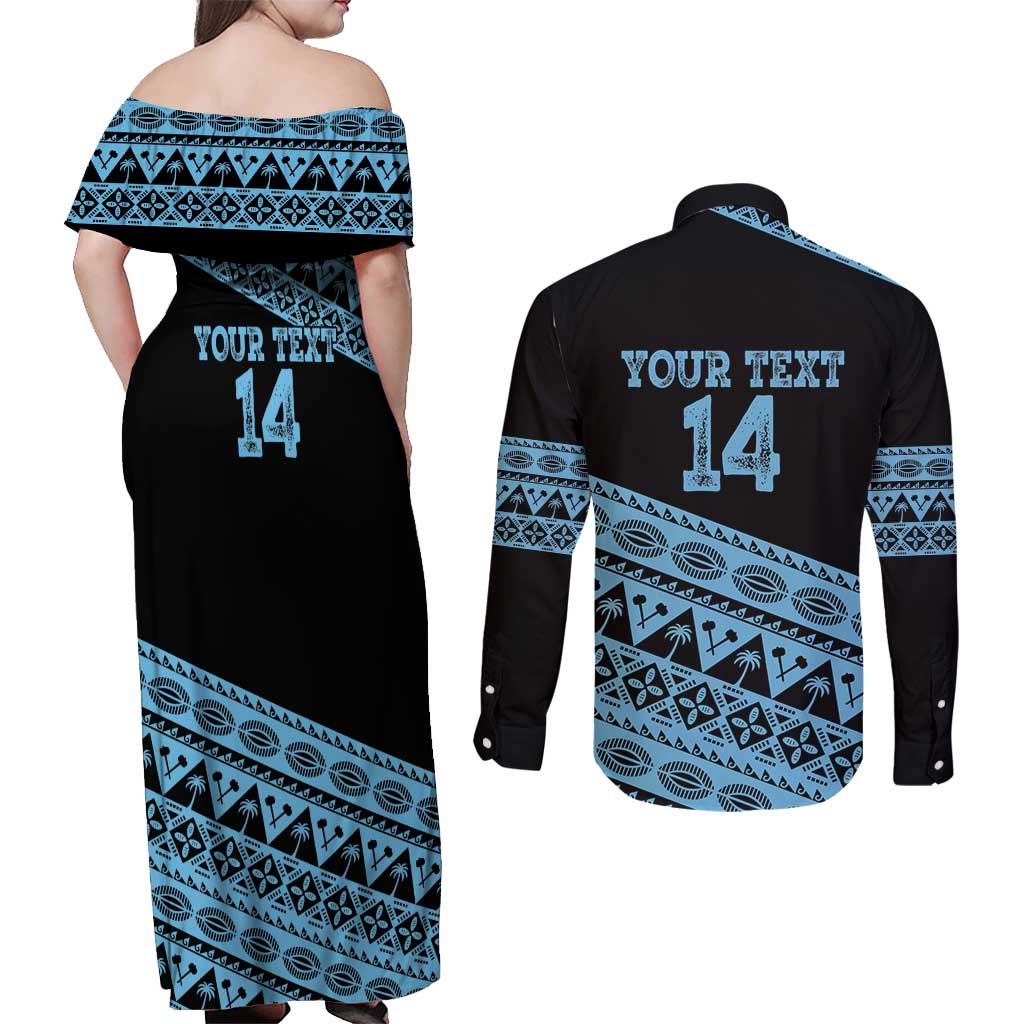 Fiji Rugby 2025 Custom Couples Matching Off Shoulder Maxi Dress and Long Sleeve Button Shirt Fijian Tapa Toso Viti Toso - Black