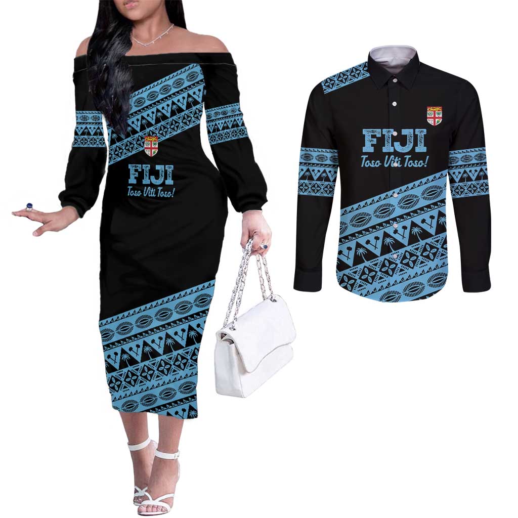Fiji Rugby 2025 Custom Couples Matching Off The Shoulder Long Sleeve Dress and Long Sleeve Button Shirt Fijian Tapa Toso Viti Toso - Black