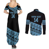 Fiji Rugby 2025 Custom Couples Matching Summer Maxi Dress and Long Sleeve Button Shirt Fijian Tapa Toso Viti Toso - Black