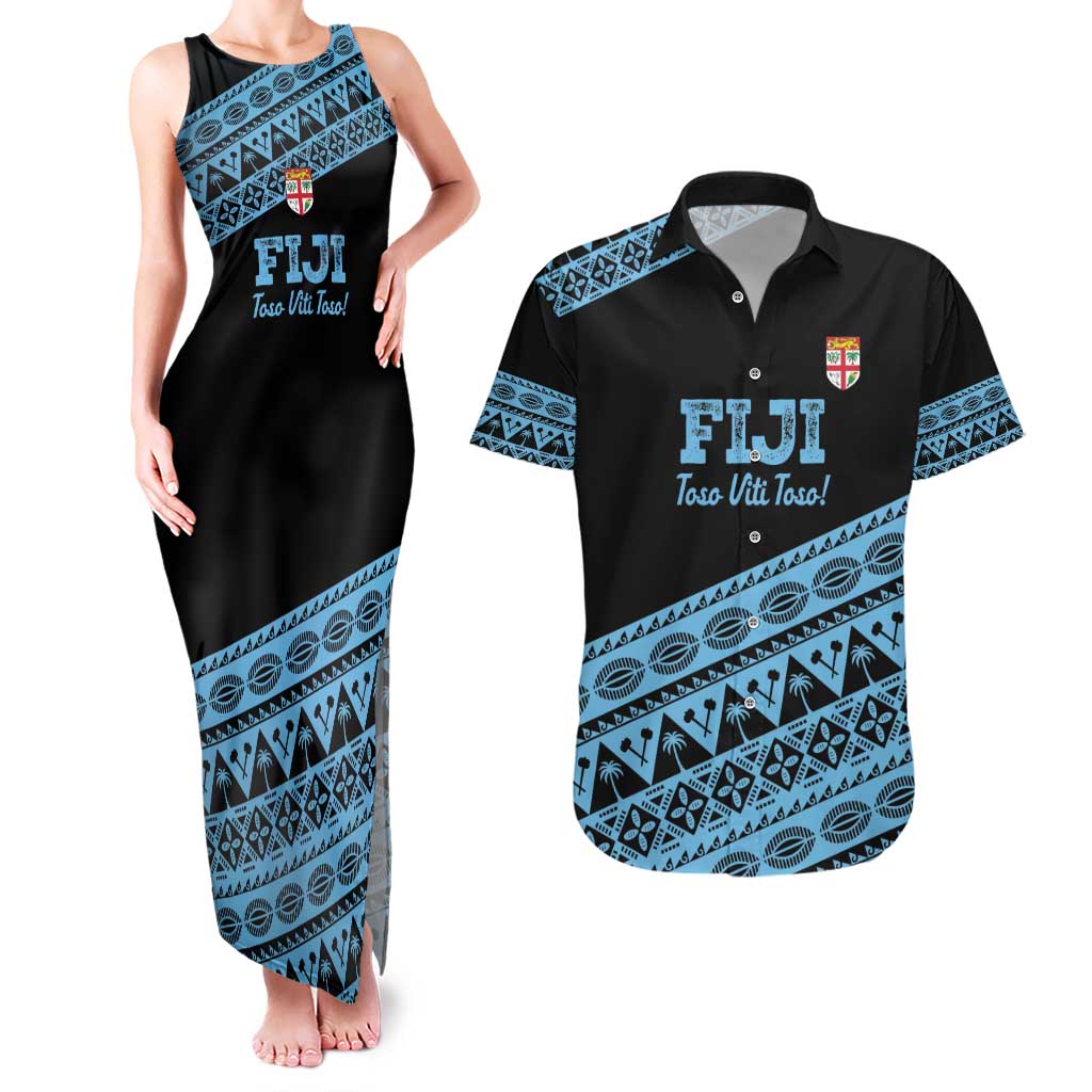Fiji Rugby 2025 Custom Couples Matching Tank Maxi Dress and Hawaiian Shirt Fijian Tapa Toso Viti Toso - Black