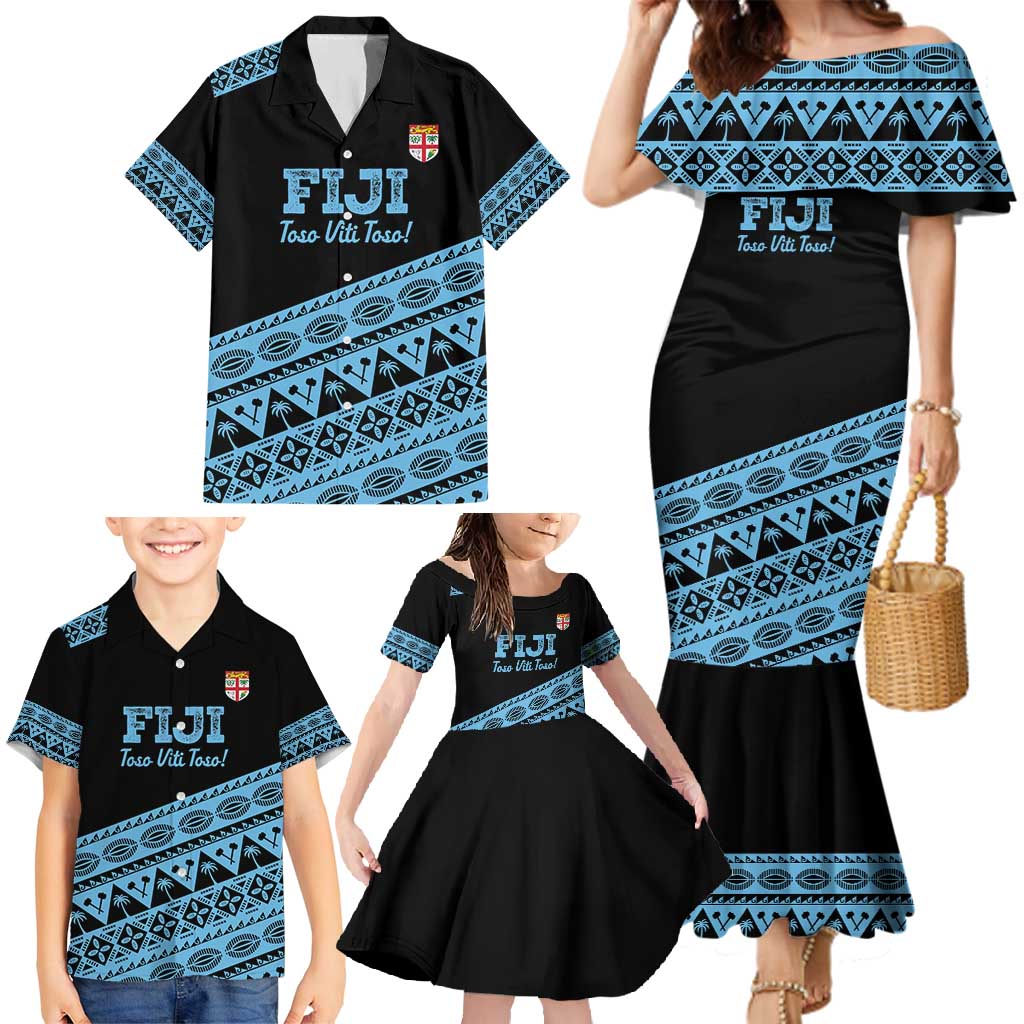 Fiji Rugby 2025 Custom Family Matching Mermaid Dress and Hawaiian Shirt Fijian Tapa Toso Viti Toso - Black