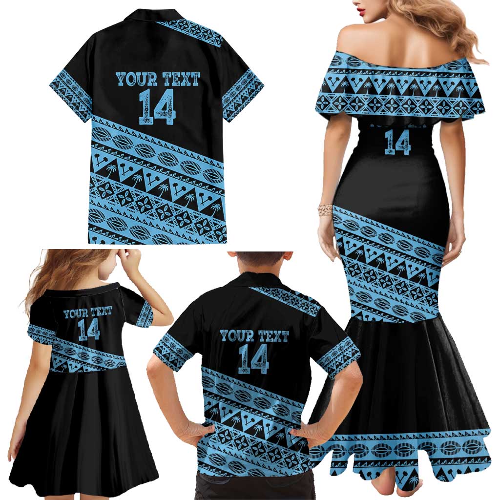 Fiji Rugby 2025 Custom Family Matching Mermaid Dress and Hawaiian Shirt Fijian Tapa Toso Viti Toso - Black