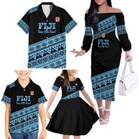Fiji Rugby 2025 Custom Family Matching Off The Shoulder Long Sleeve Dress and Hawaiian Shirt Fijian Tapa Toso Viti Toso - Black