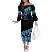 Fiji Rugby 2025 Custom Family Matching Off The Shoulder Long Sleeve Dress and Hawaiian Shirt Fijian Tapa Toso Viti Toso - Black