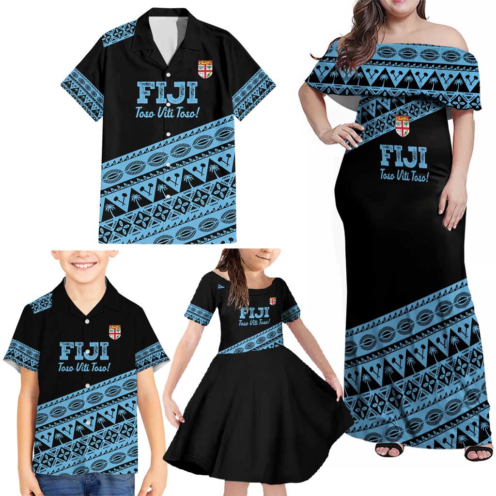 Fiji Rugby 2025 Custom Family Matching Off Shoulder Maxi Dress and Hawaiian Shirt Fijian Tapa Toso Viti Toso - Black